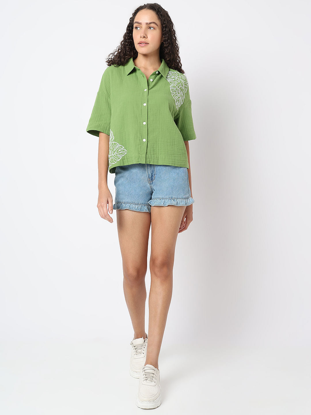 Green Floral Crinkle Weave Shirt