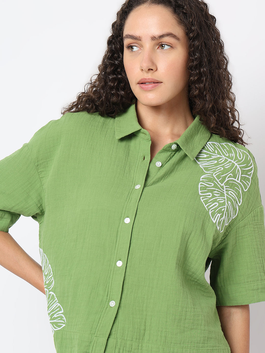 Green Floral Crinkle Weave Shirt
