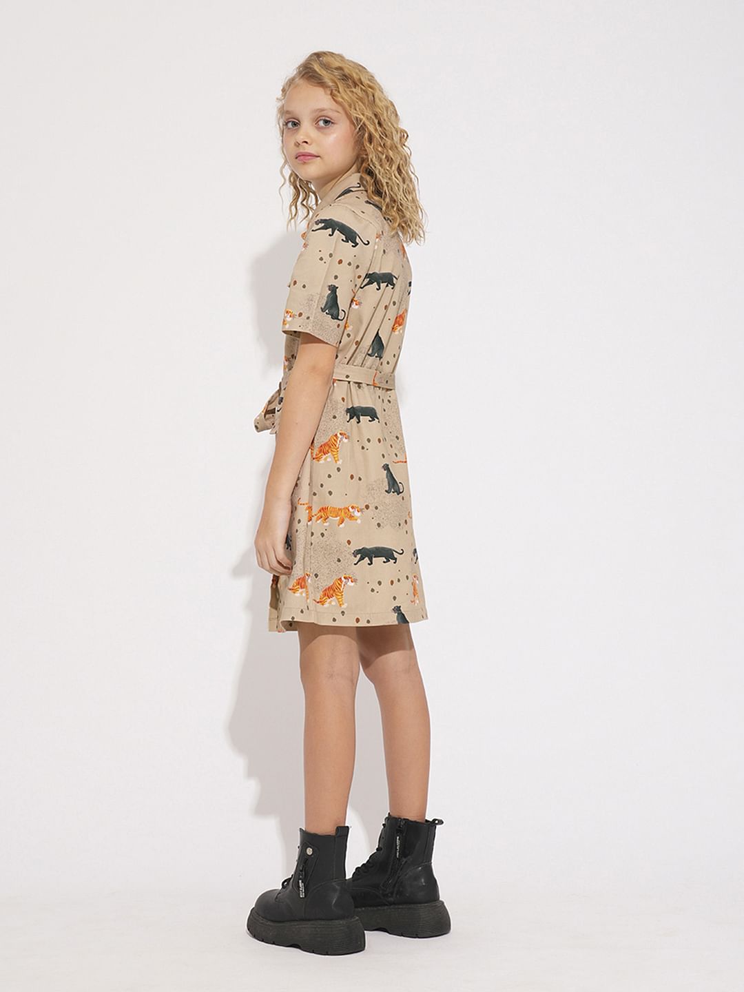Girls Beige Animal Print Shirt Dress