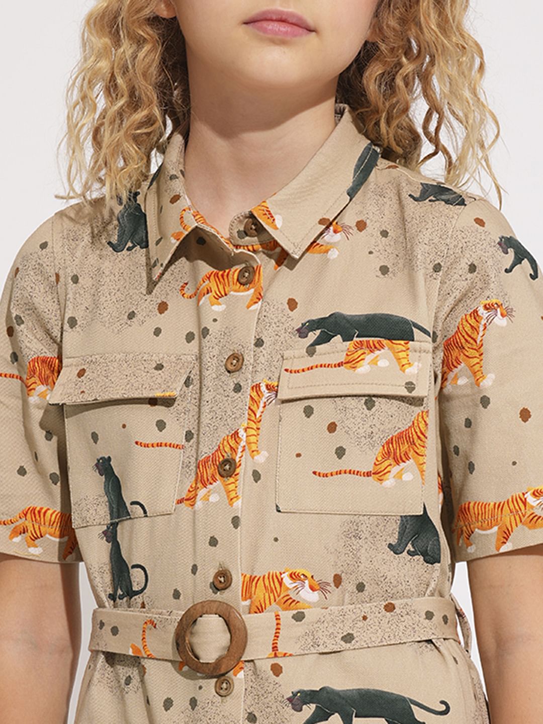 Girls Beige Animal Print Shirt Dress