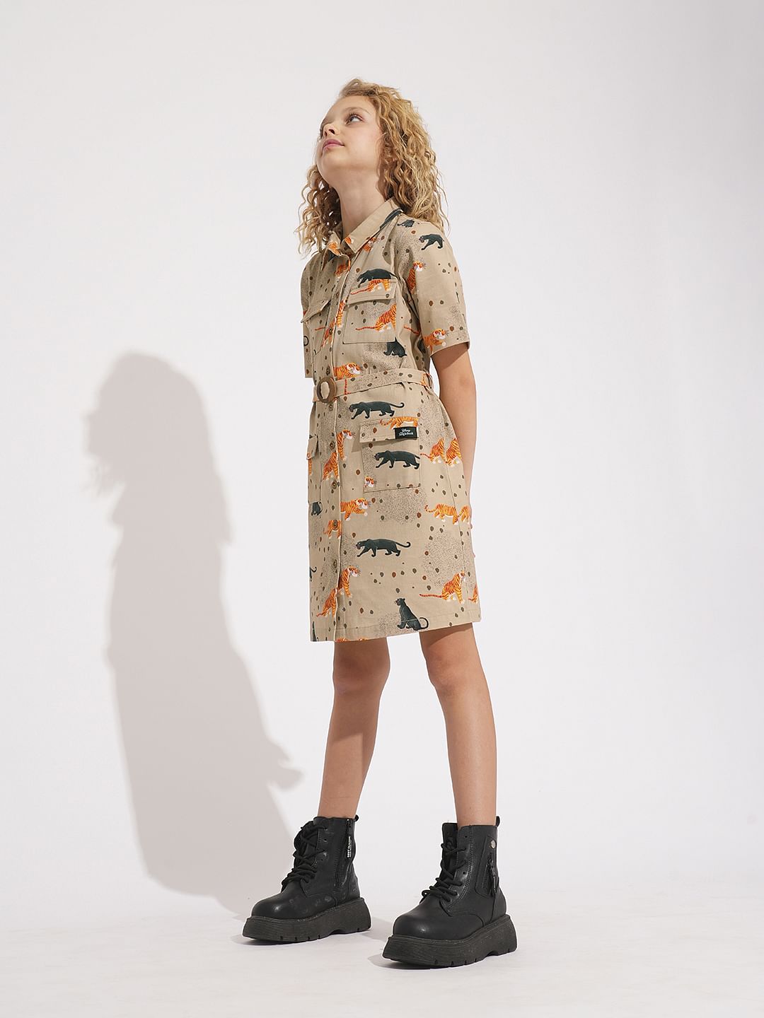 Girls Beige Animal Print Shirt Dress