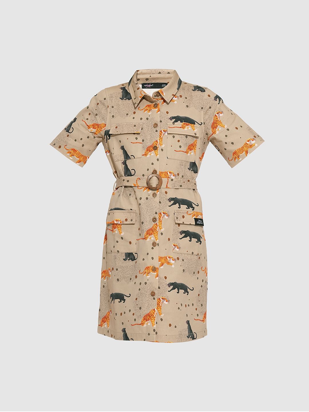 Girls Beige Animal Print Shirt Dress