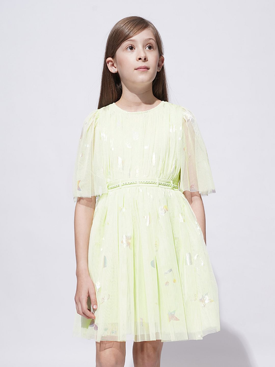 Girls Lime Green Mesh Fit & Flare Dress