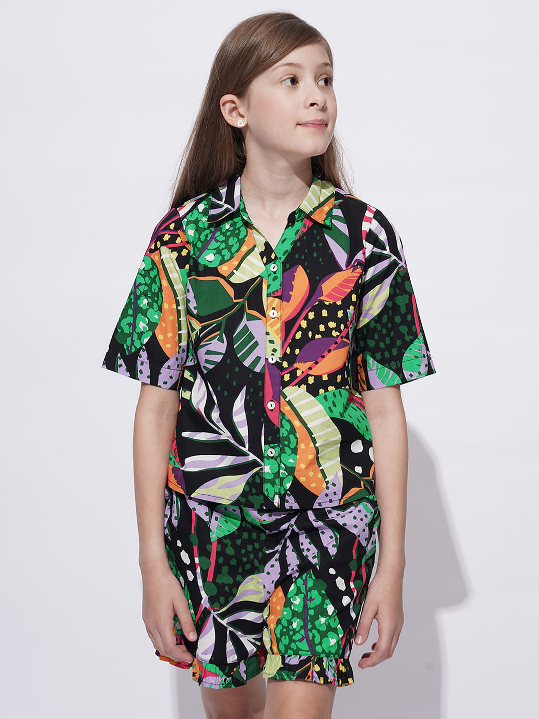 Girls Black Tropical Print Co-Ord Set Shirt