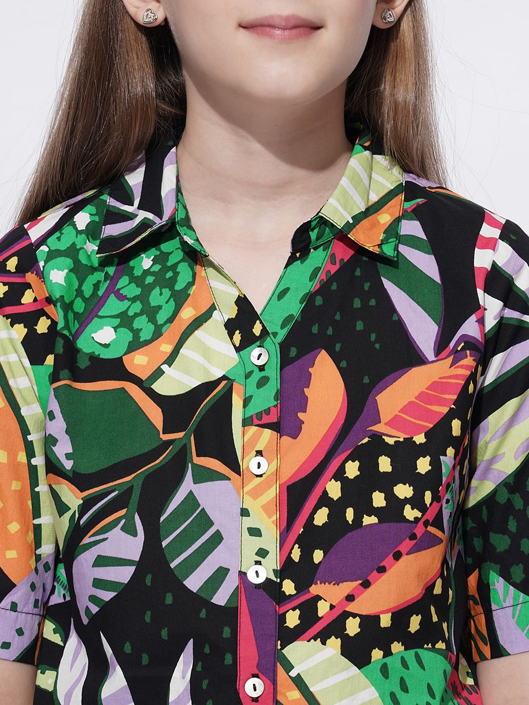 Girls Black Tropical Print Co-Ord Set Shirt