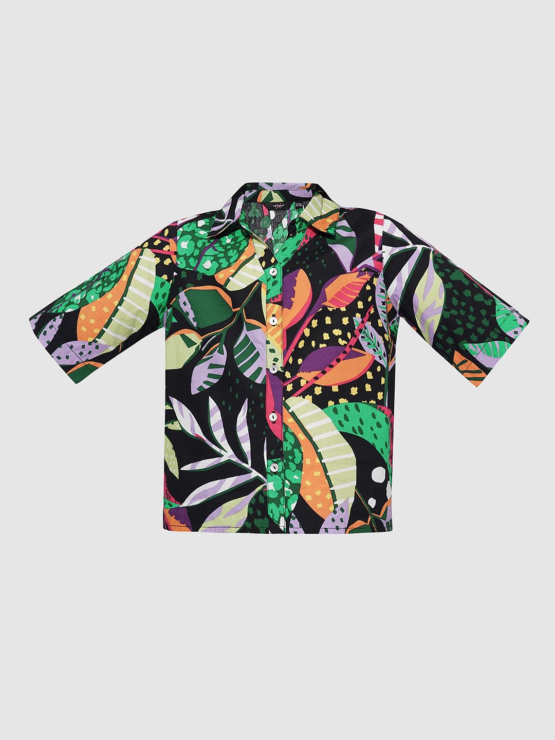 Girls Black Tropical Print Co-Ord Set Shirt