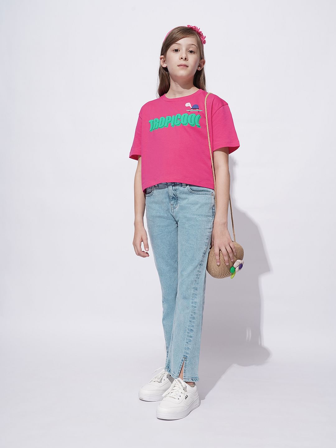 Girls Pink Tropical Print T-Shirt