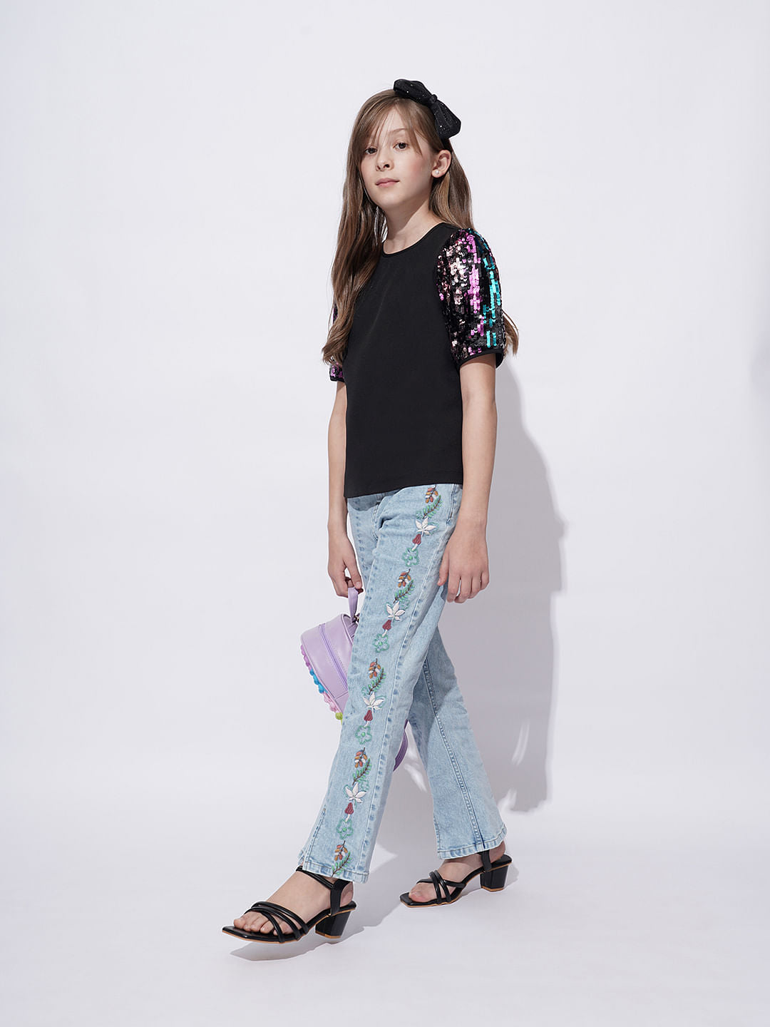 Girls Black Sequin Sleeves Detail Top