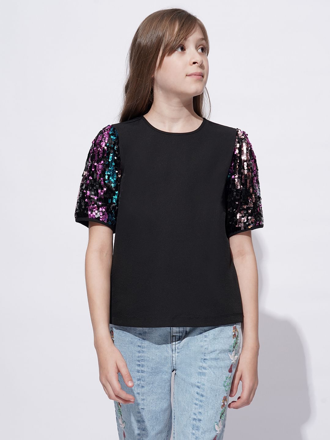 Girls Black Sequin Sleeves Detail Top