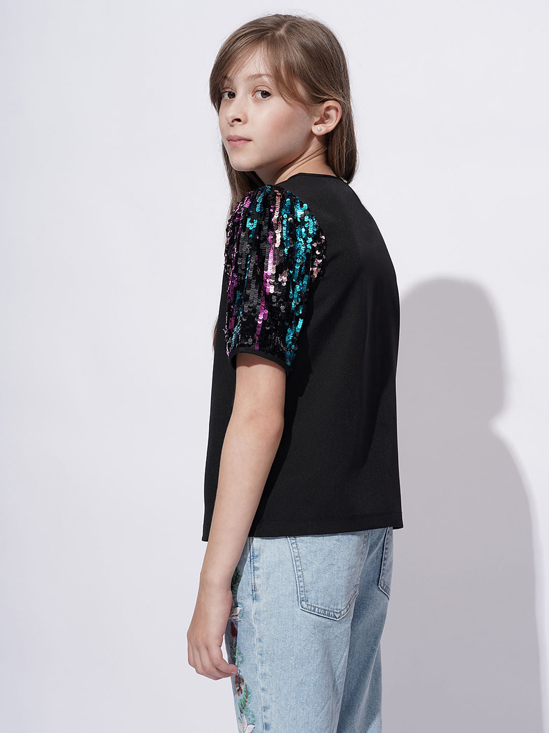 Girls Black Sequin Sleeves Detail Top