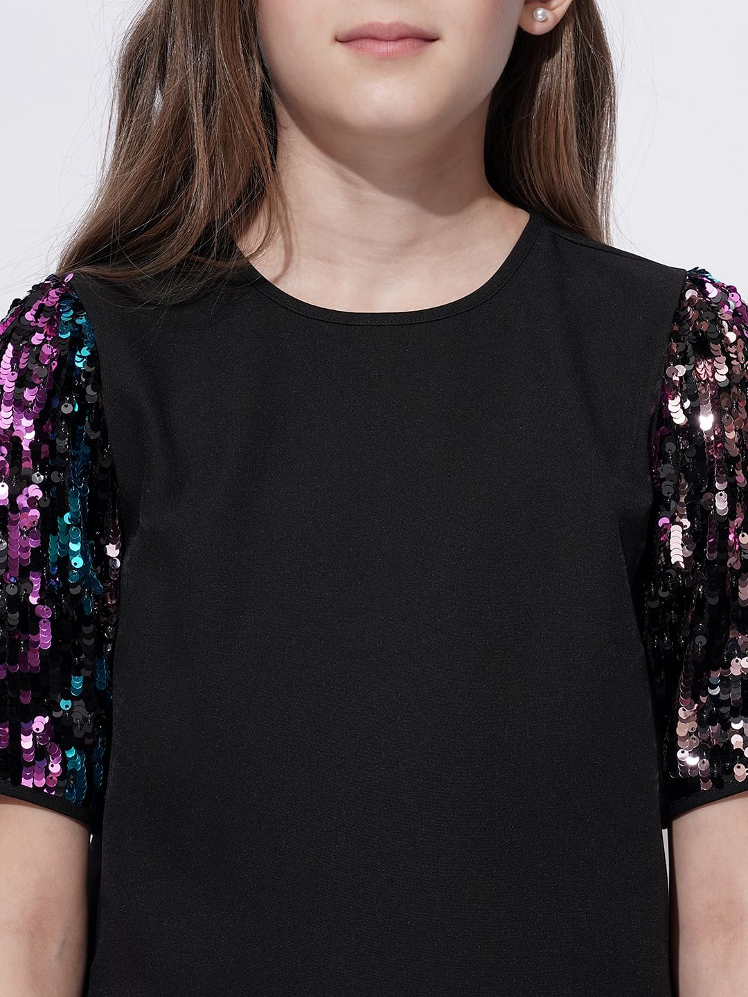 Girls Black Sequin Sleeves Detail Top