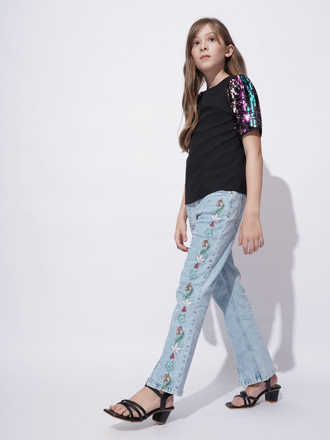 Girls Black Sequin Sleeves Detail Top