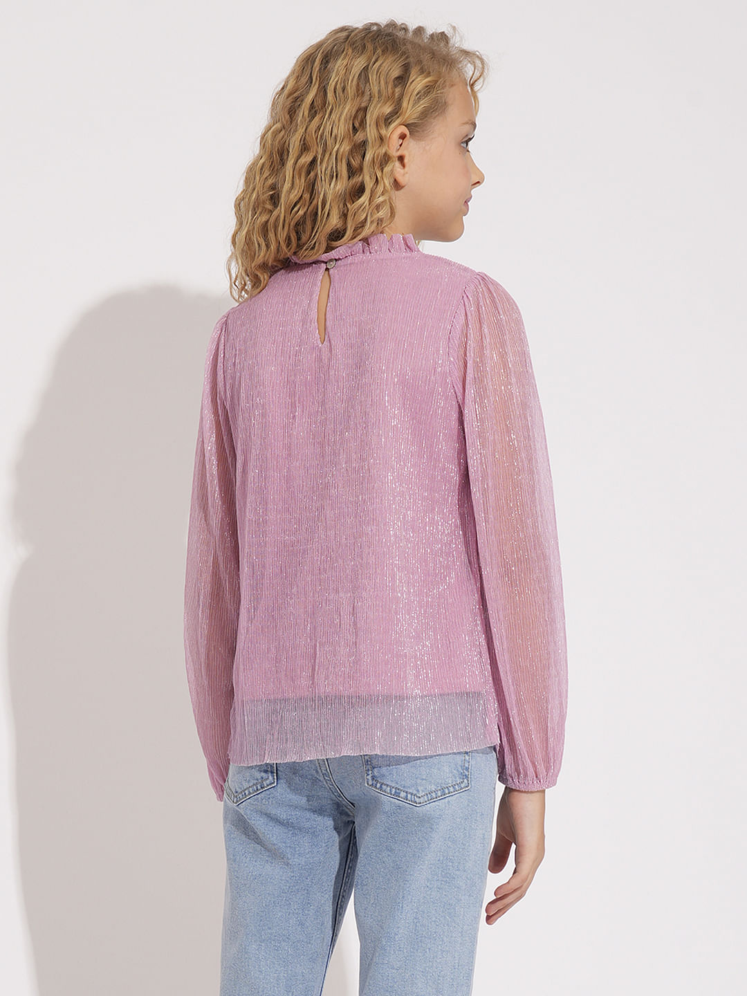 Girls Pink Plisse Shimmer Top