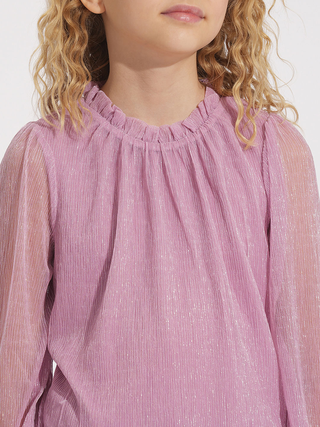 Girls Pink Plisse Shimmer Top