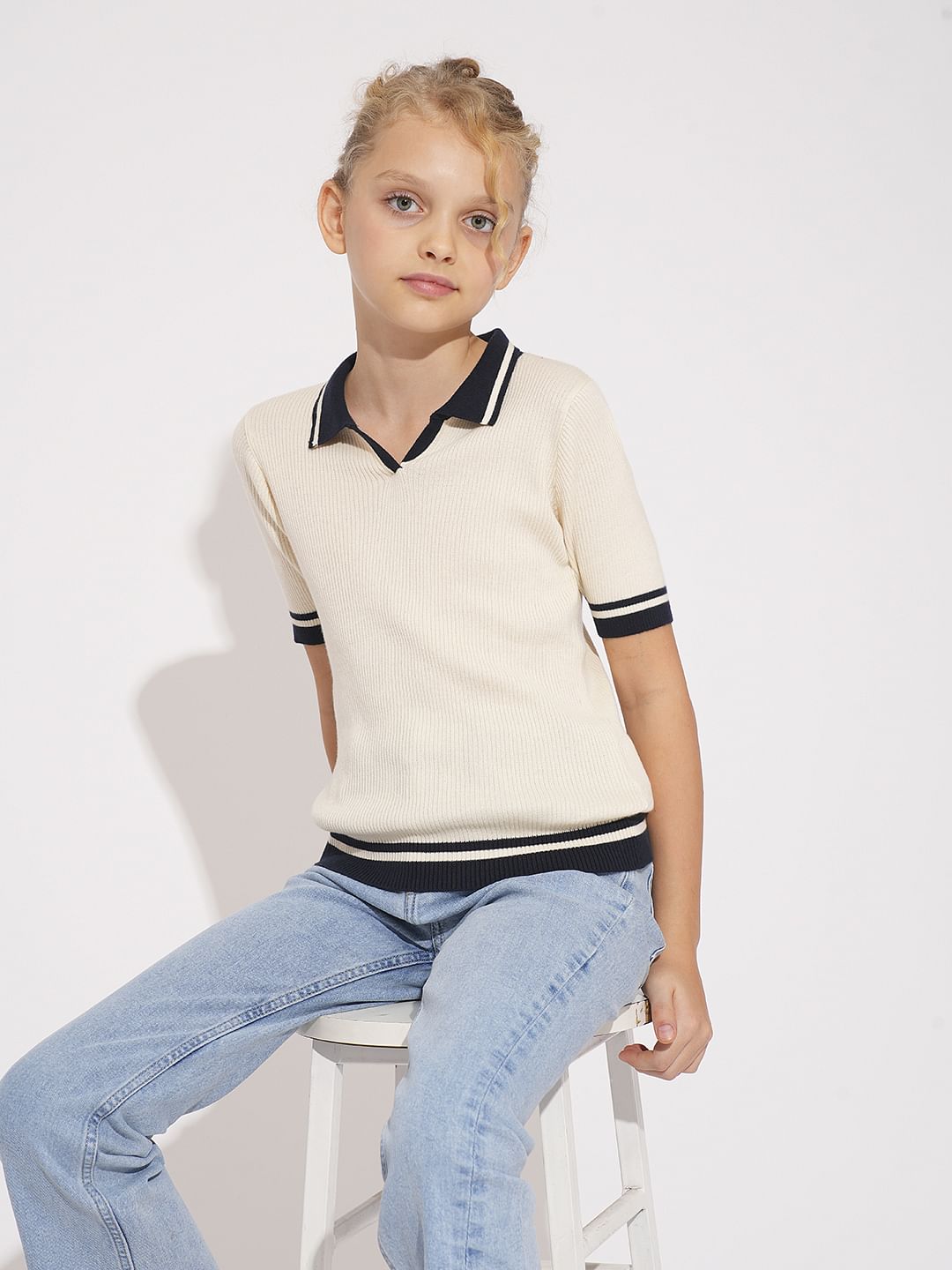 Girls White Ribbed Polo