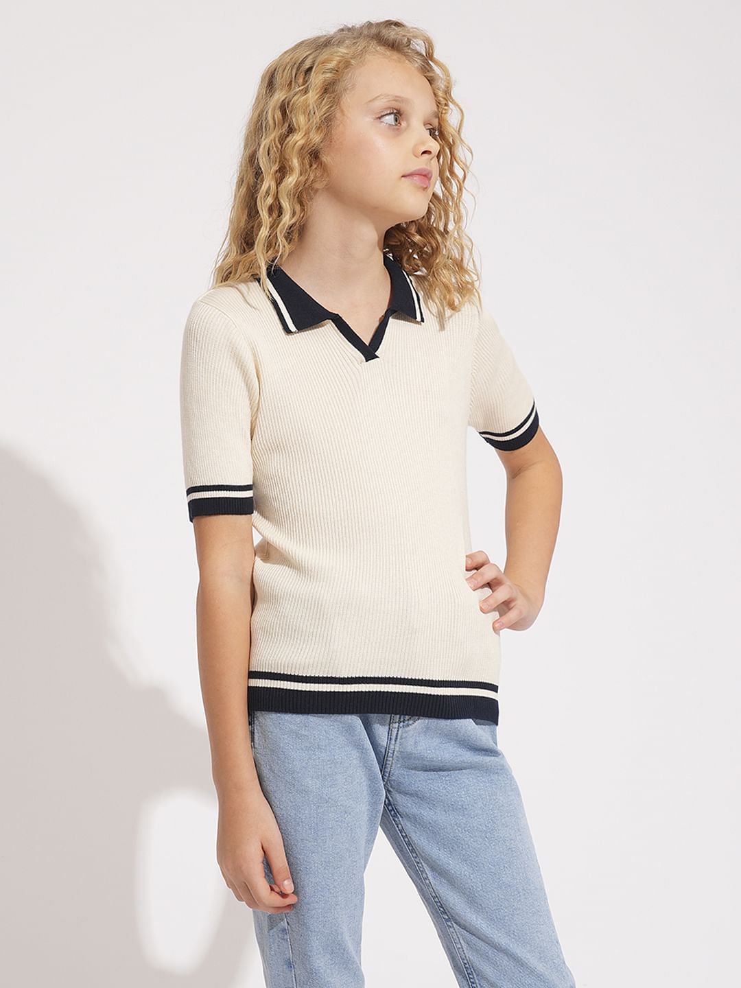 Girls White Ribbed Polo