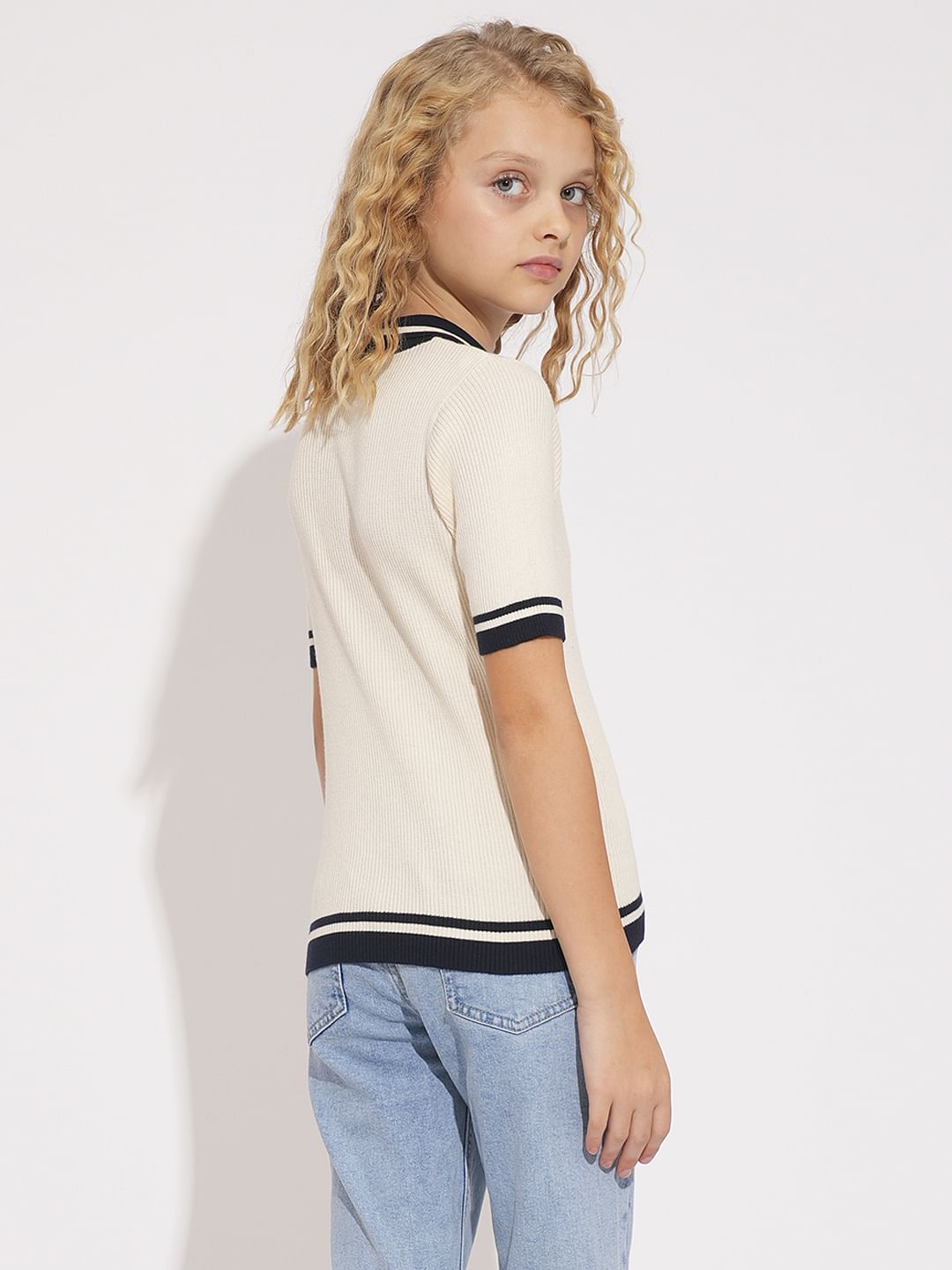 Girls White Ribbed Polo