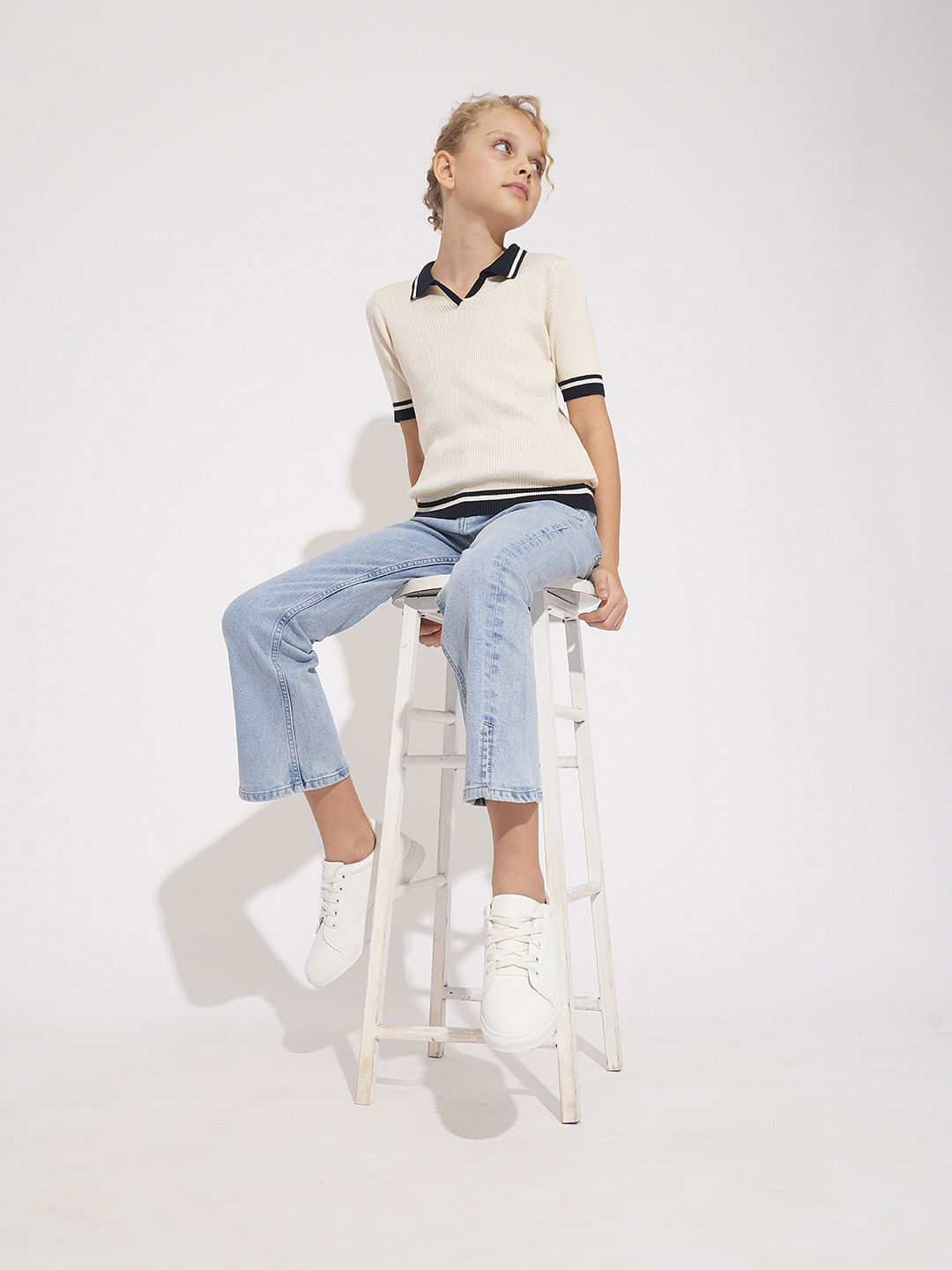 Girls White Ribbed Polo