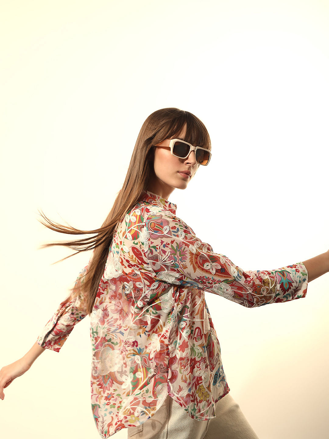 Pink Floral Embroidered Shirt
