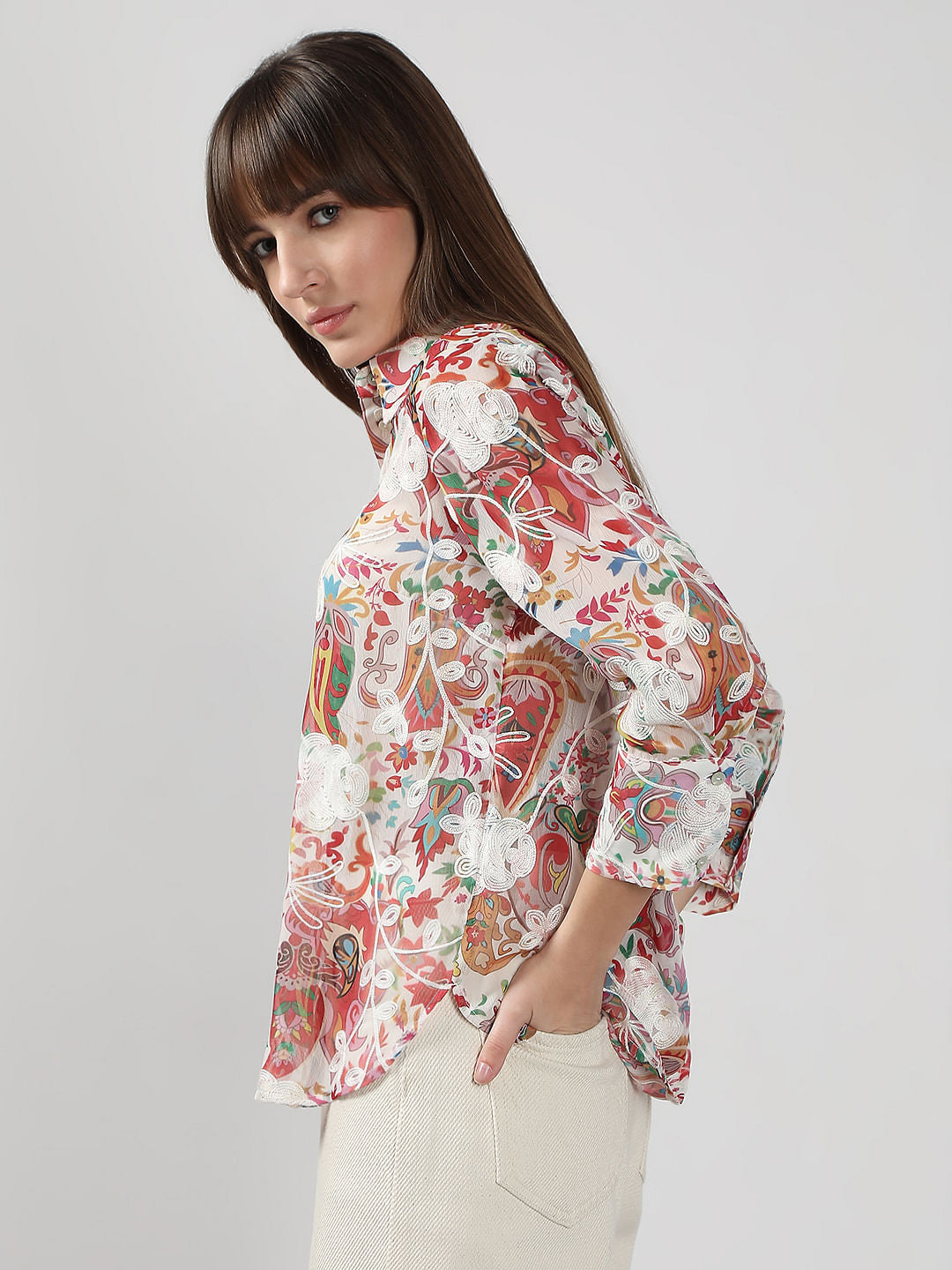 Pink Floral Embroidered Shirt