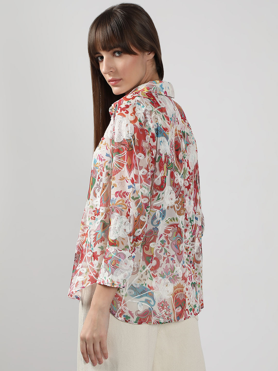 Pink Floral Embroidered Shirt