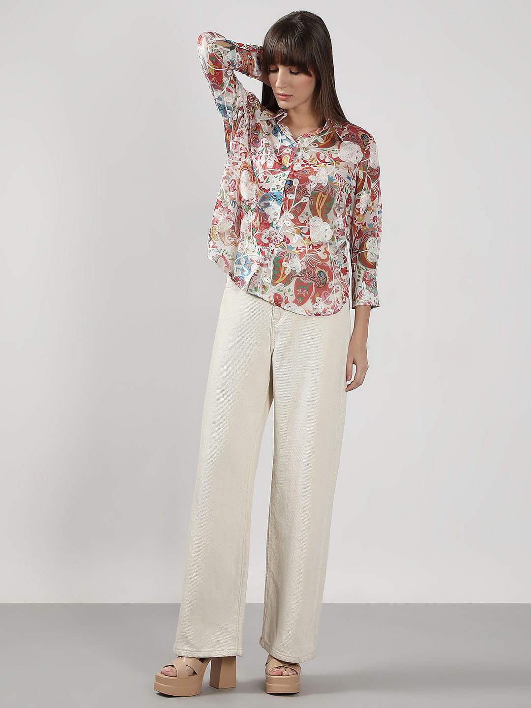 Pink Floral Embroidered Shirt