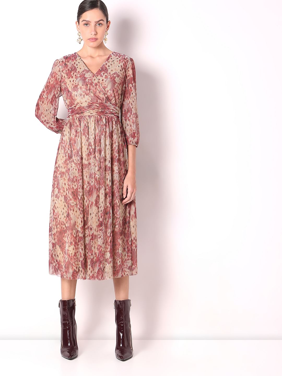 Beige Printed Midi Dress