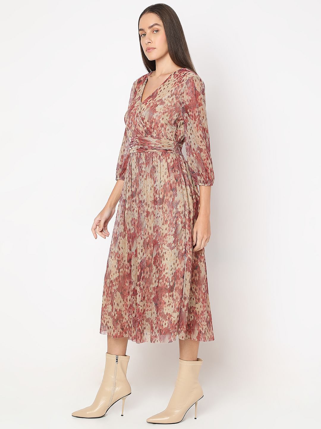 Beige Printed Midi Dress