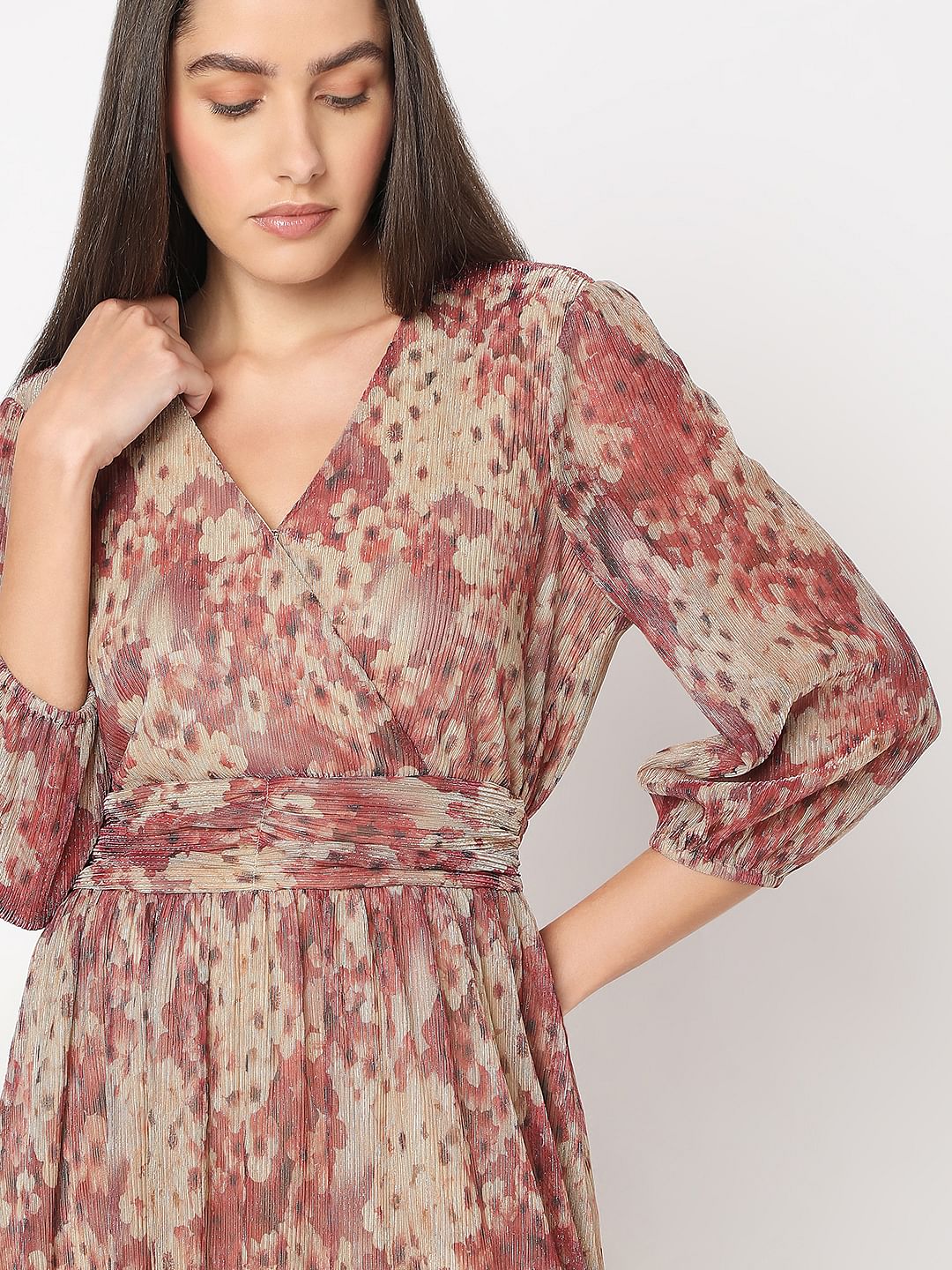 Beige Printed Midi Dress