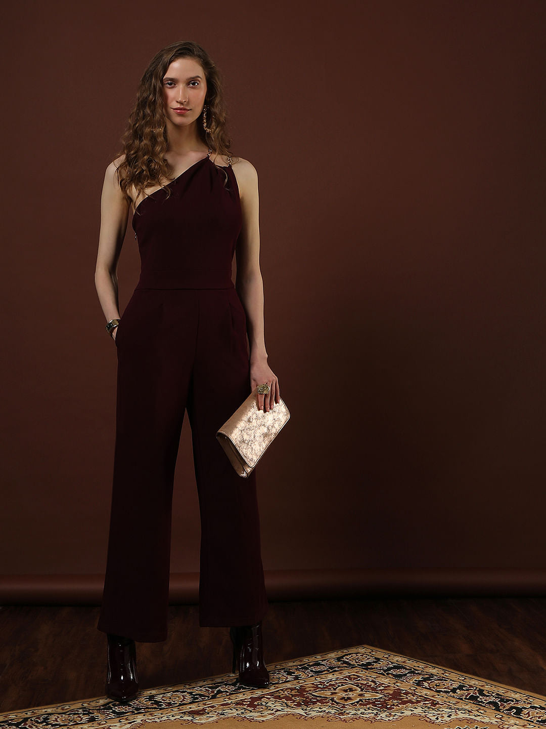 Maroon One Shoulder Jumpsuit