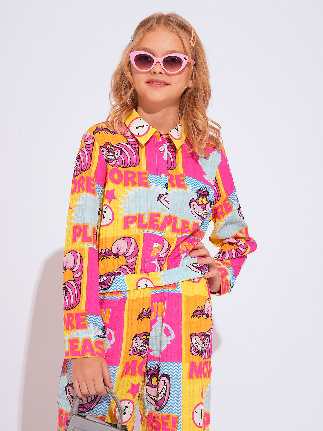 Girl Cheshire Cat Pink Printed Co-Ord Set Shirt
