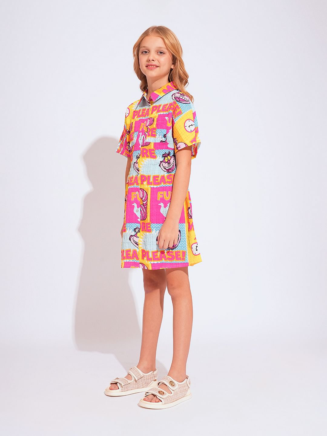 Girl Cheshire Cat Pink Printed Shirt Dress