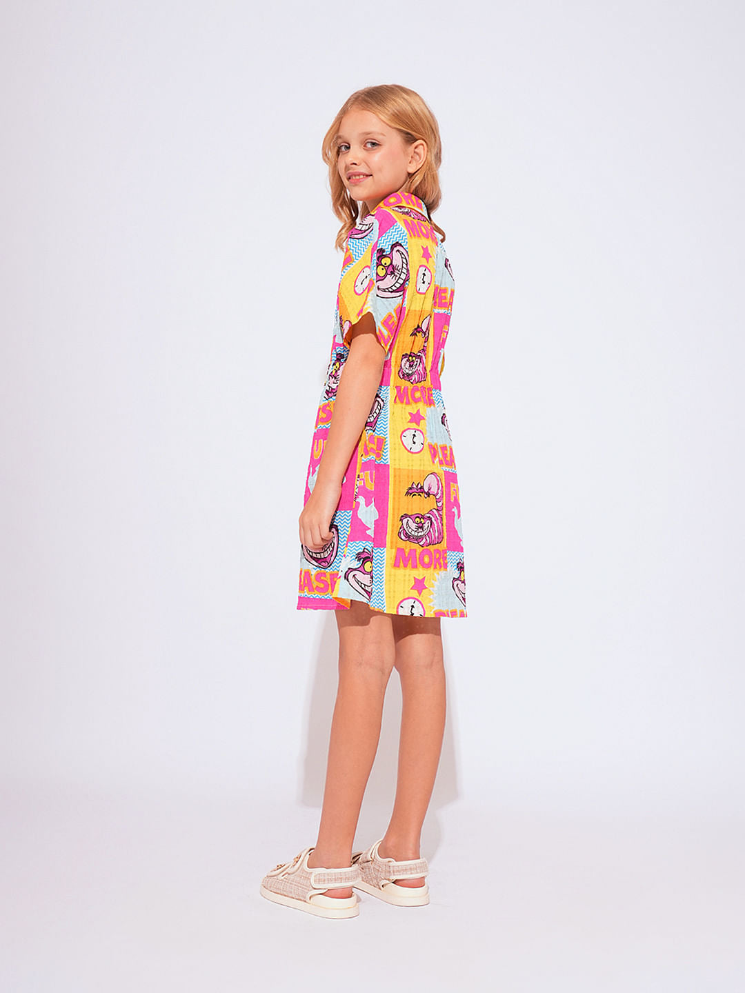 Girl Cheshire Cat Pink Printed Shirt Dress