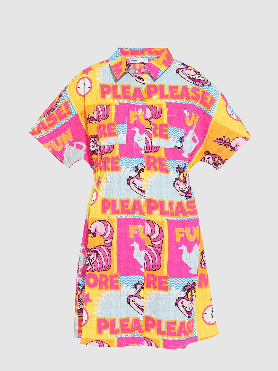 Girl Cheshire Cat Pink Printed Shirt Dress