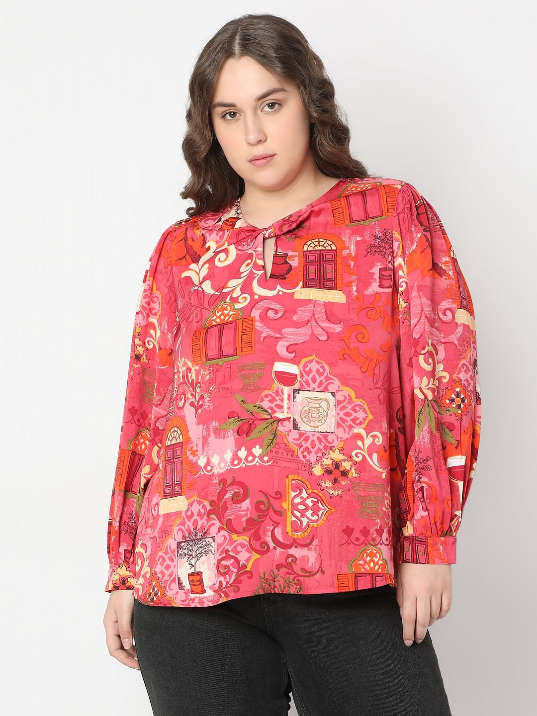 Curve Red Printed Top