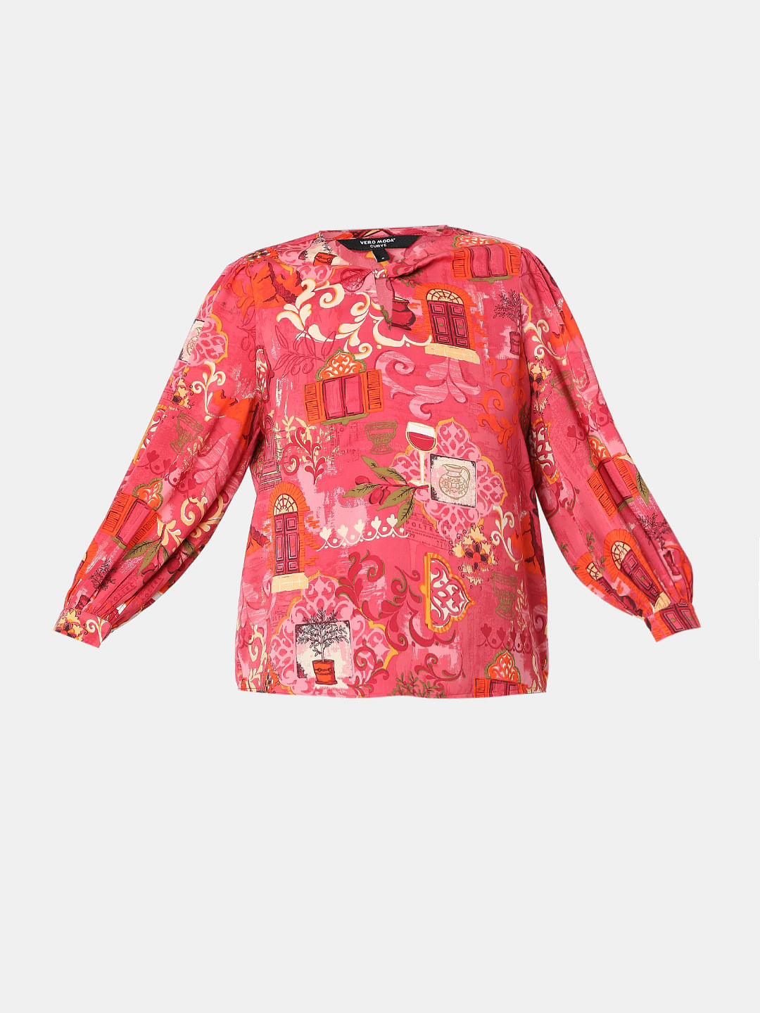 Curve Red Printed Top