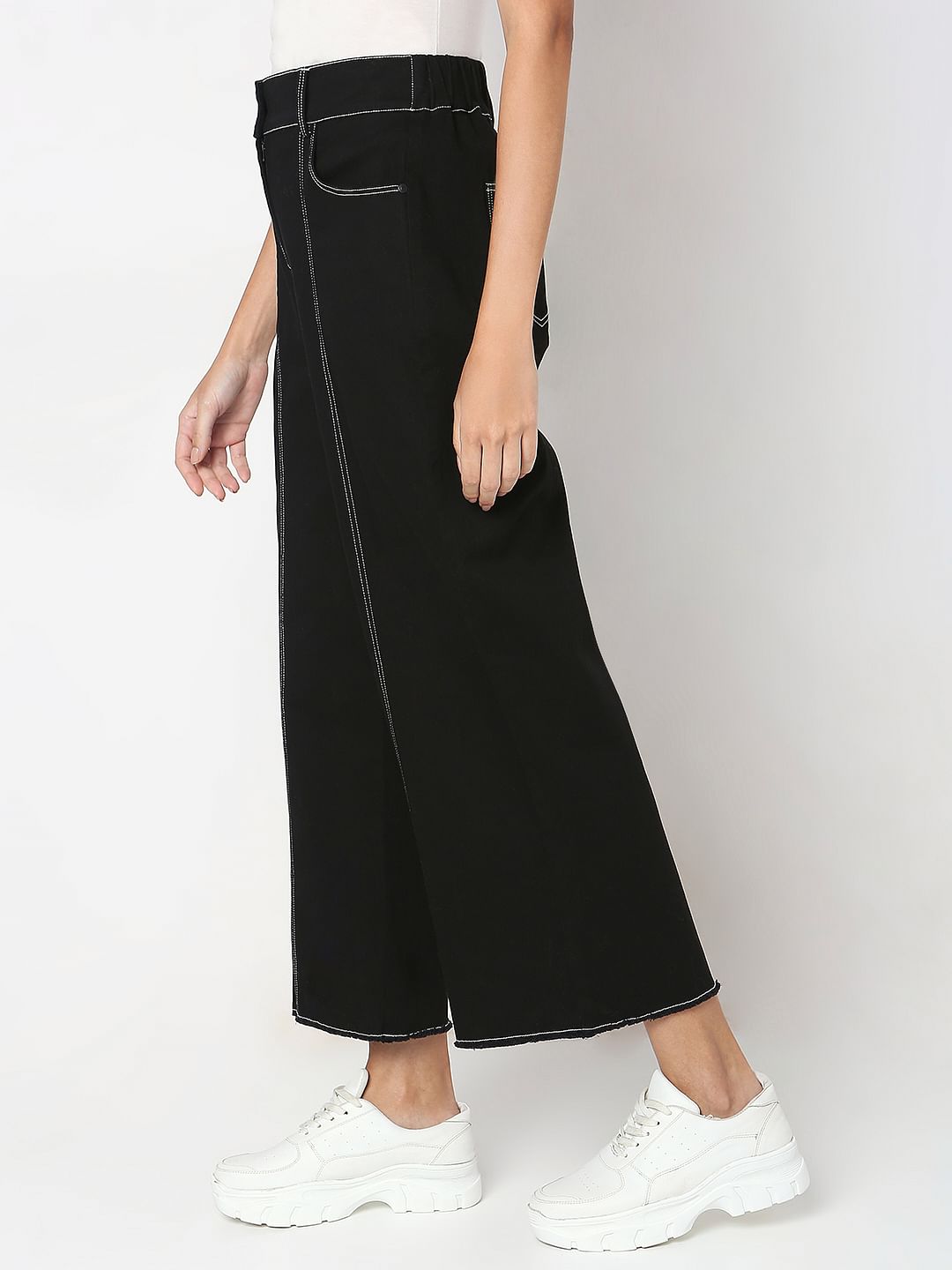 Black Wide Leg Stich Line Jeans