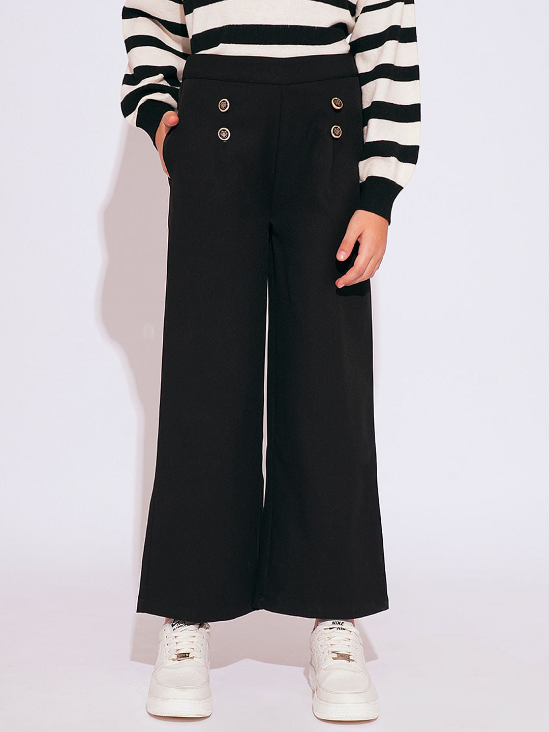 Girls Black Button Detail Pants