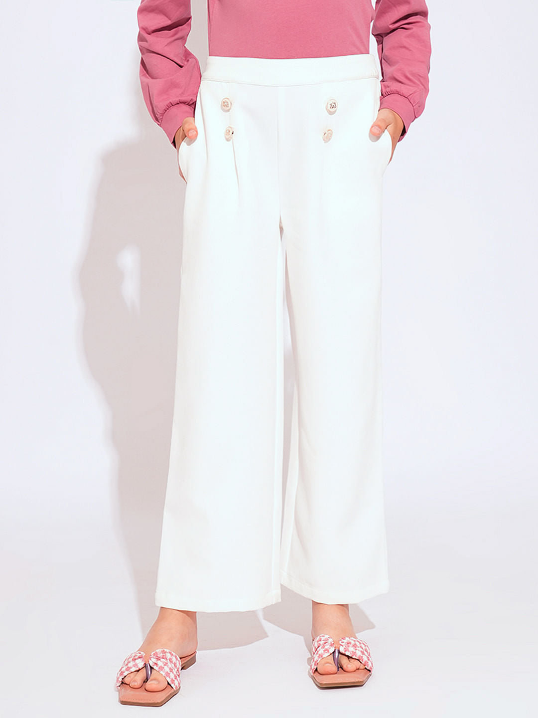 Girls White Button Detail Pants