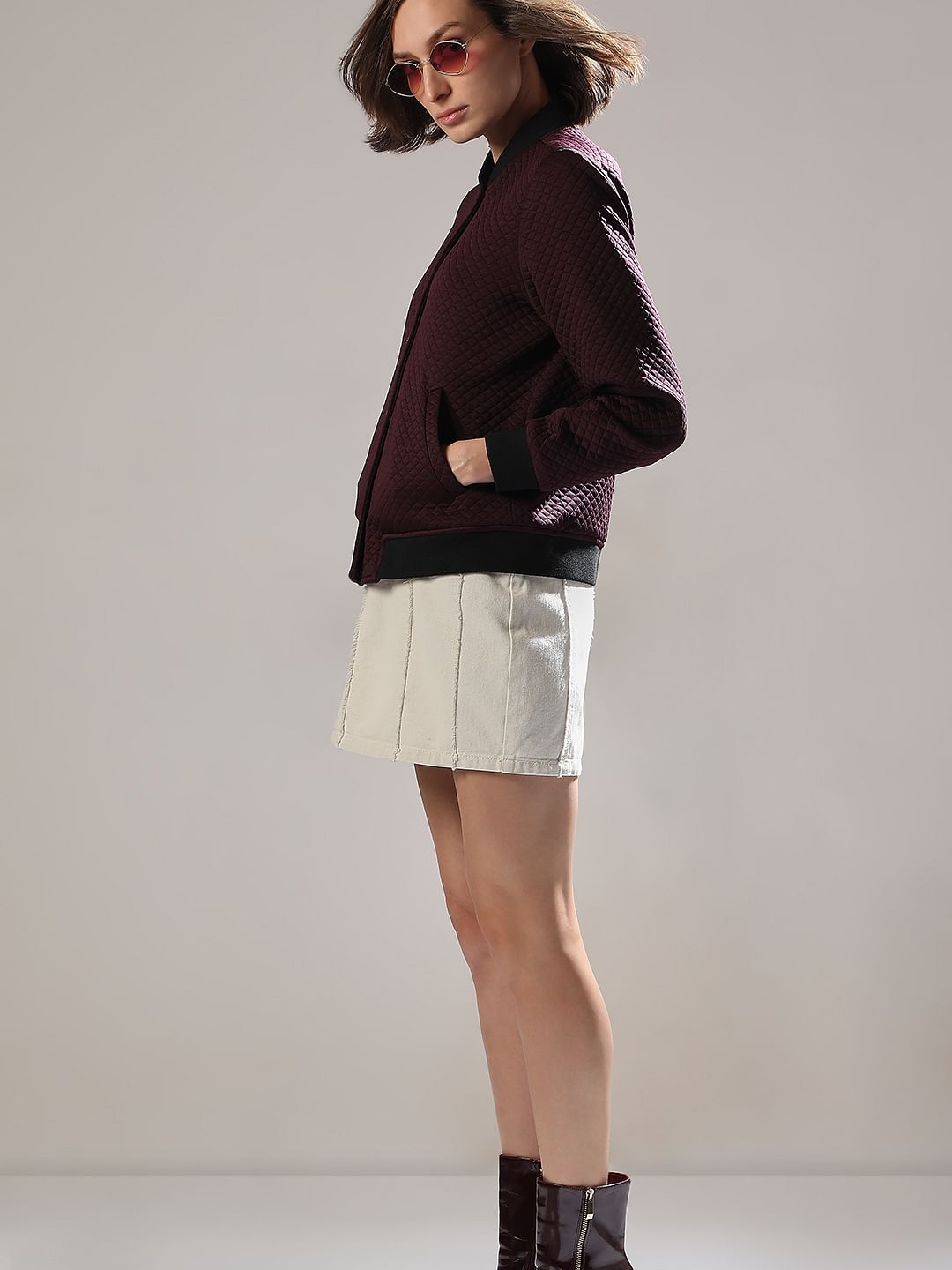 Maroon Quilted Bomber Jacket