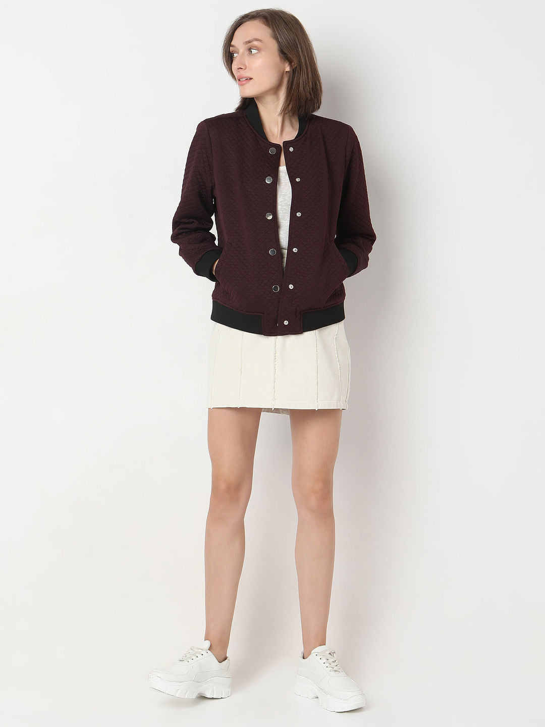 Maroon Quilted Bomber Jacket