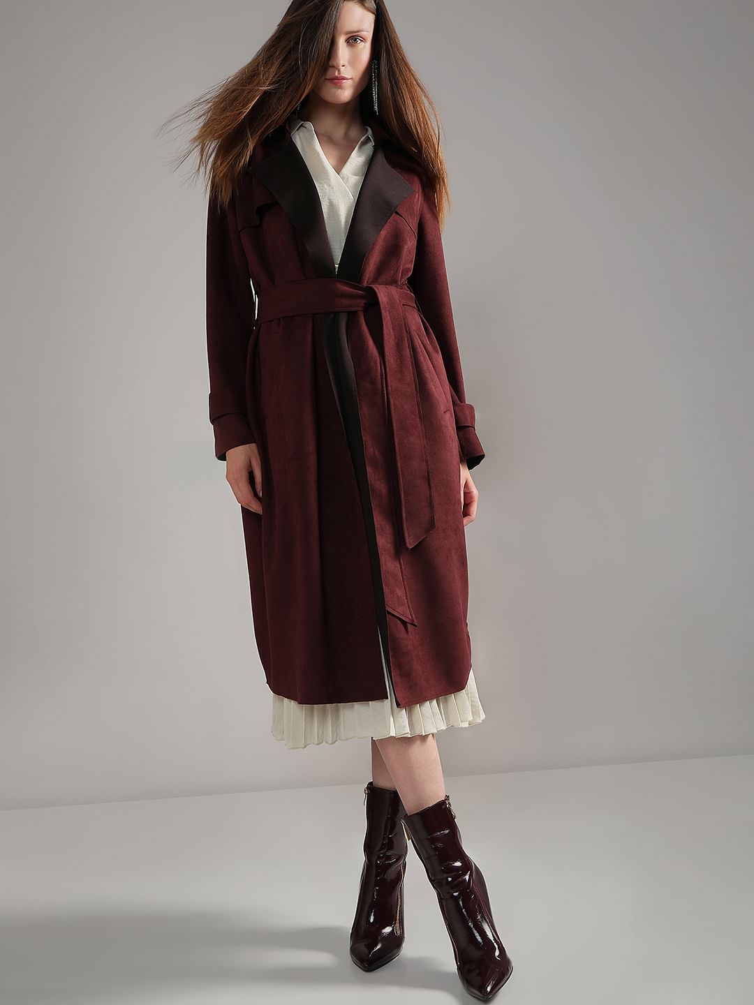 Maroon Suede Long Coat - Main Image