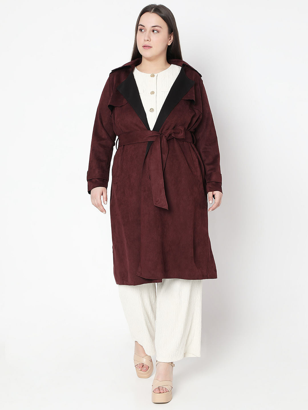 Curve Chocolate Brown Suede Long Coat