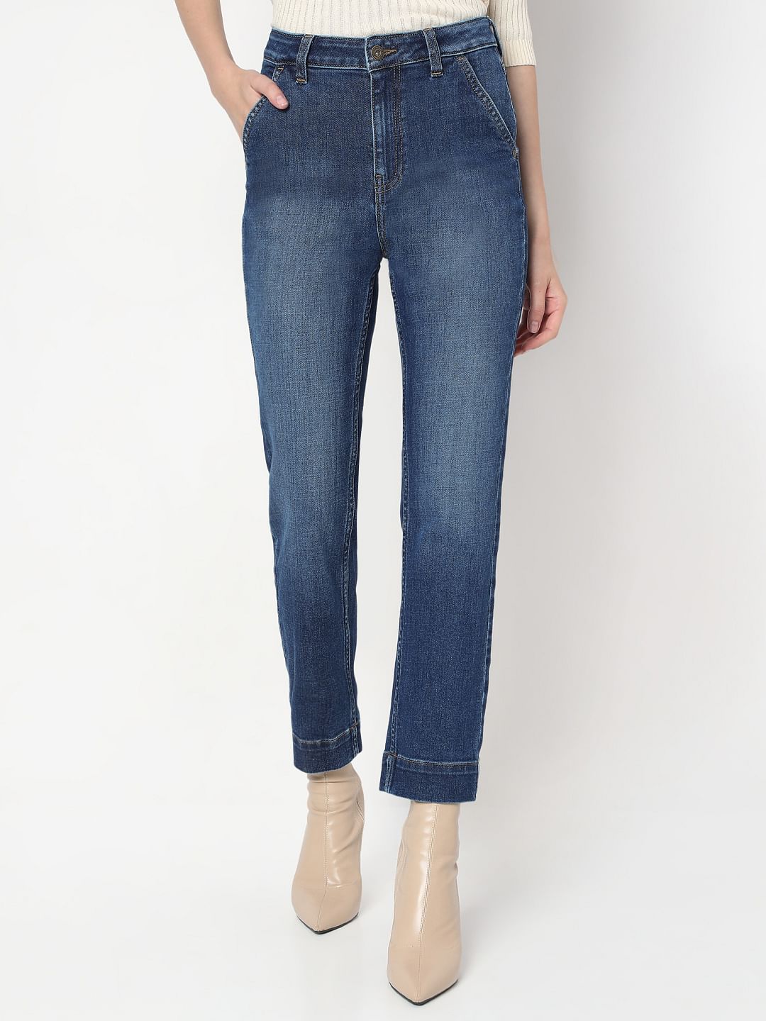 Dark Blue High Rise Straight Fit Jeans