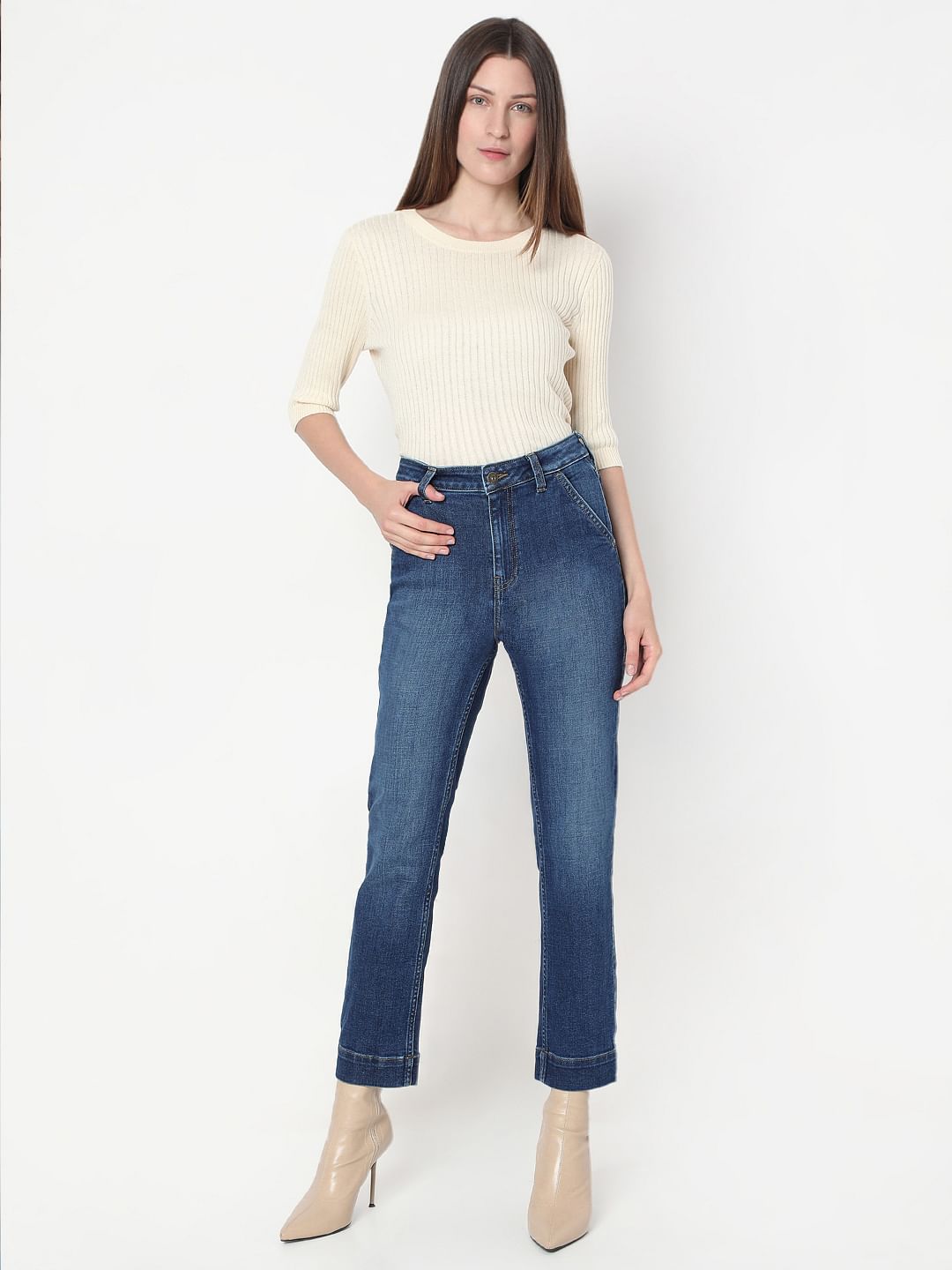 Dark Blue High Rise Straight Fit Jeans
