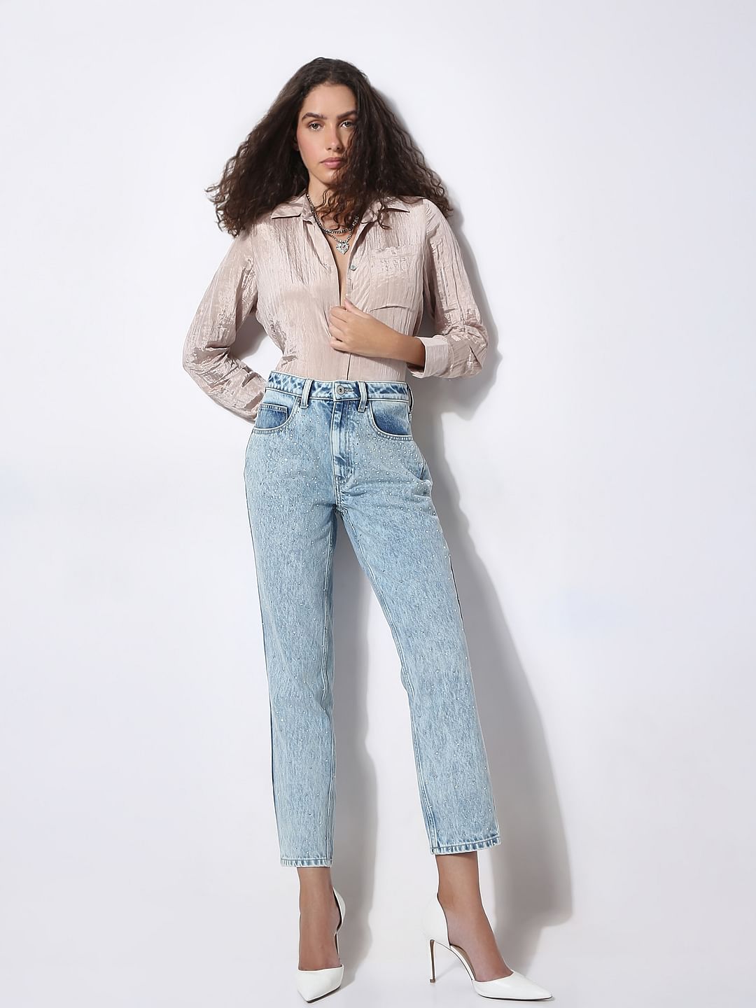 Light Blue Rhinestone Embellished Jeans