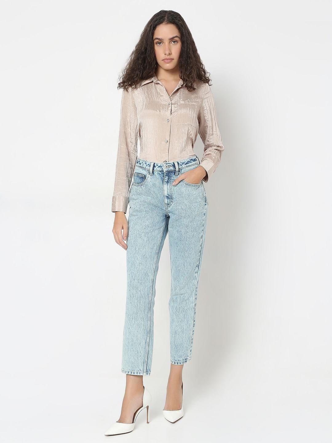 Light Blue Rhinestone Embellished Jeans