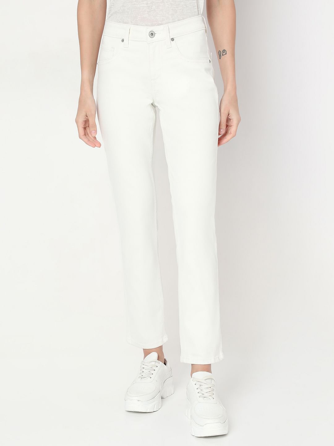 White Mid Rise Straight Fit Jeans