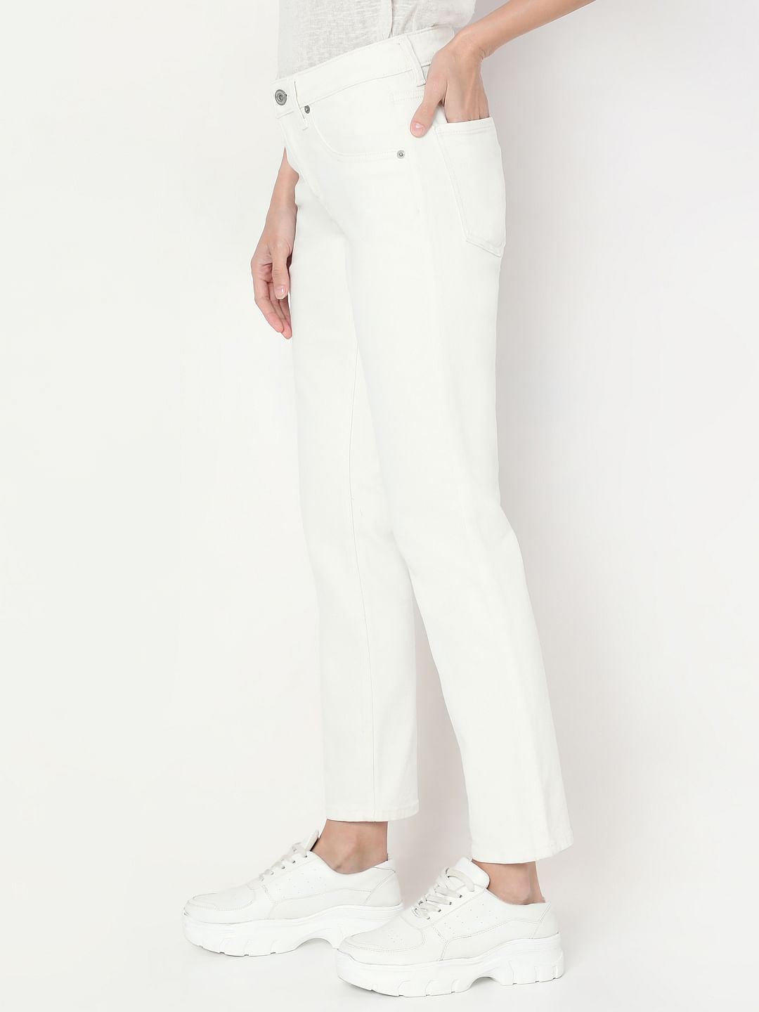 White Mid Rise Straight Fit Jeans