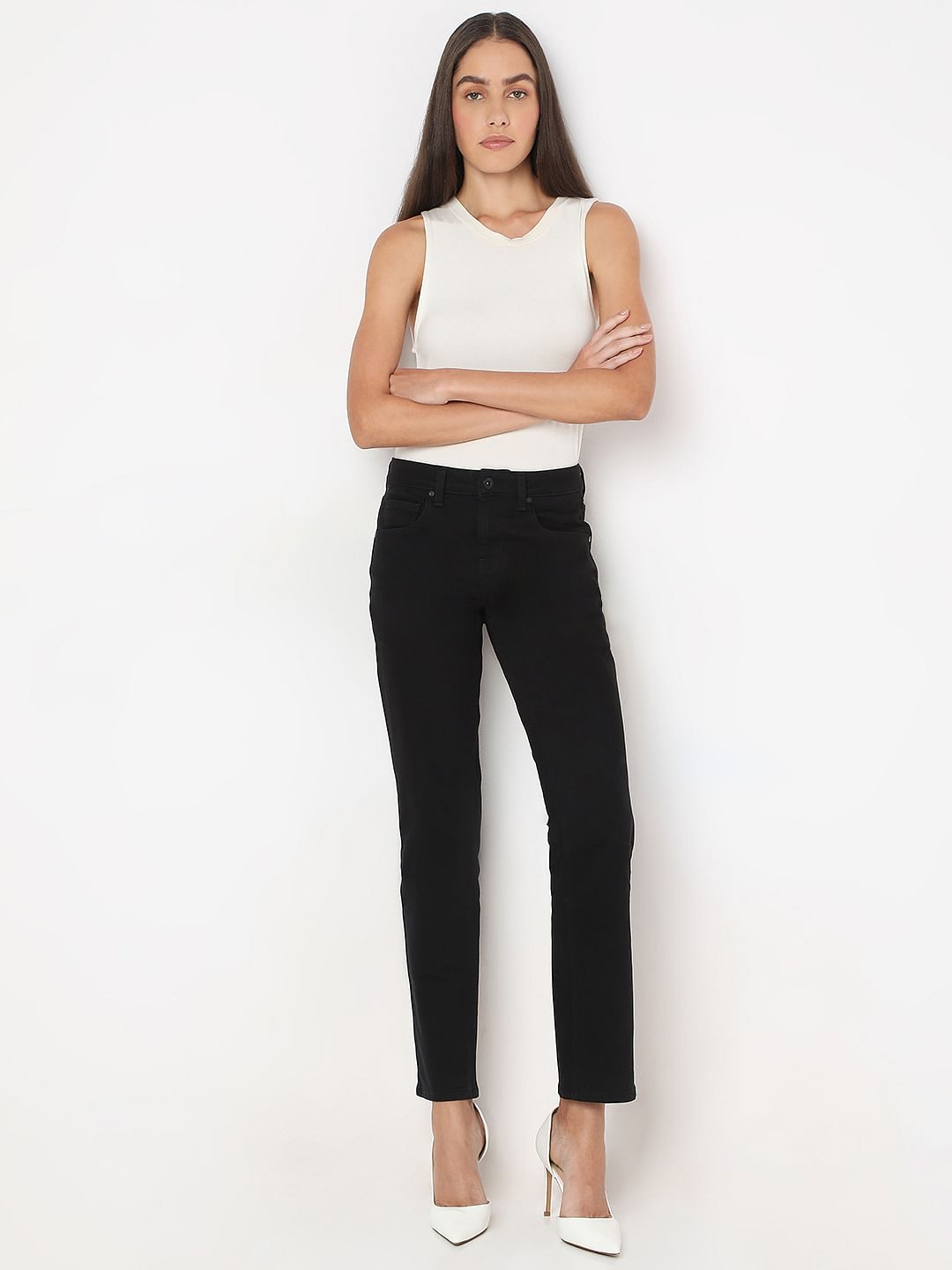 Black Mid Rise Straight Fit Jeans